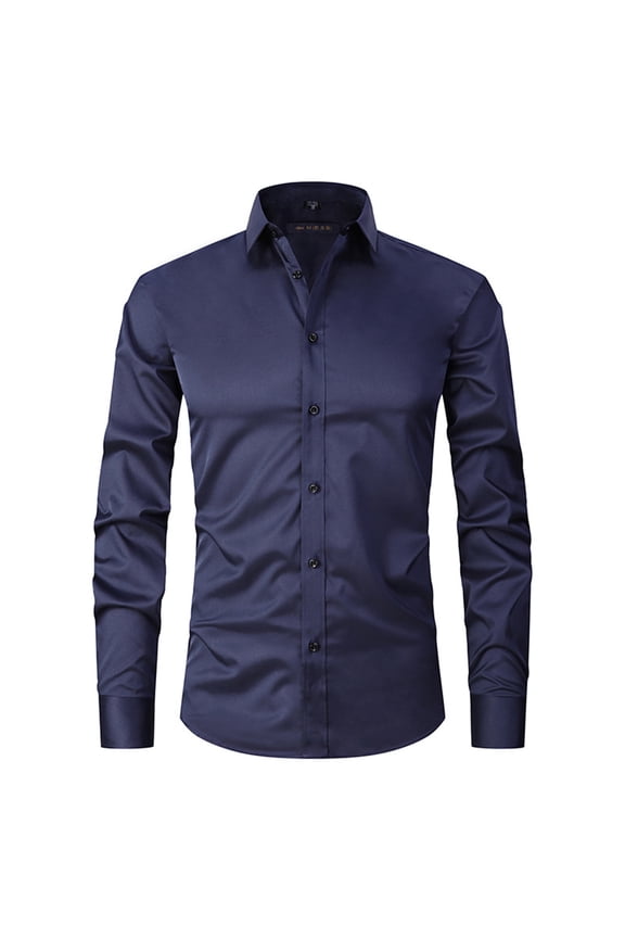 SWSMCLT Men's Long Sleeve Shirts Button Down Lapel Collar Collared Wrinkle-Free Slim Fit Business Formal Tops Lightweight Solid Plain Casual Navy 40