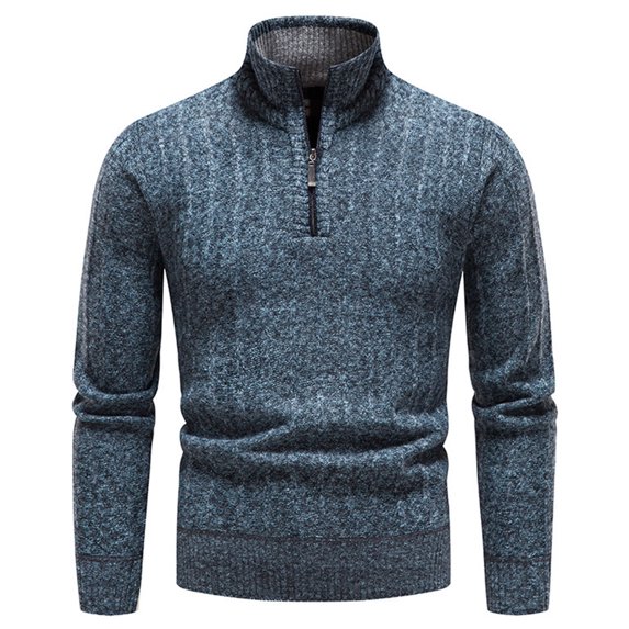 Lu's Chic Men's Quarter-Zip Sweater Top Knitted Pullover Long Sleeve Fall Cotton Thermal Knitwear Blue 36