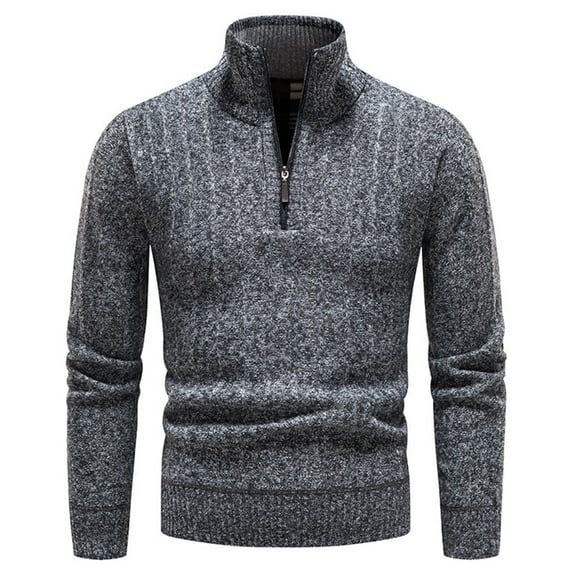 Lu's Chic Men's Quarter-Zip Sweater Top Knitted Pullover Long Sleeve Fall Cotton Thermal Knitwear Dark Grey 38