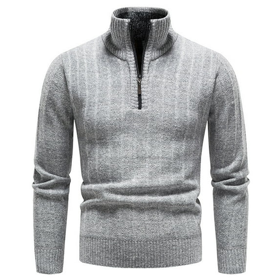 Lu's Chic Men's Quarter-Zip Sweater Top Knitted Pullover Long Sleeve Fall Cotton Thermal Knitwear Grey 38