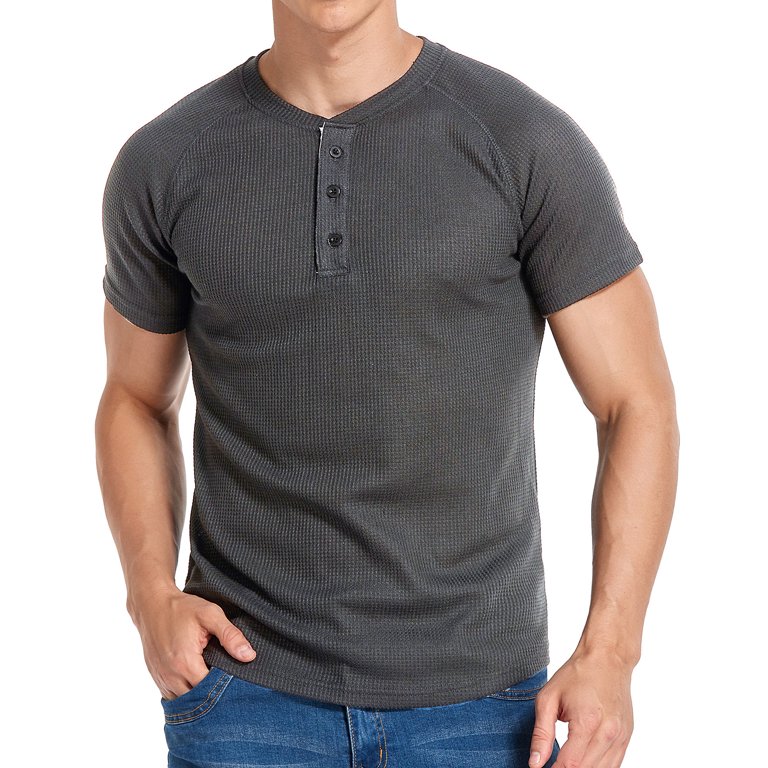 【DISCERNMENT】Muscle fit waffle short sleeve knit Lu's Chic Men's Short Sleeve Henley Solid Waffle Knit Tees