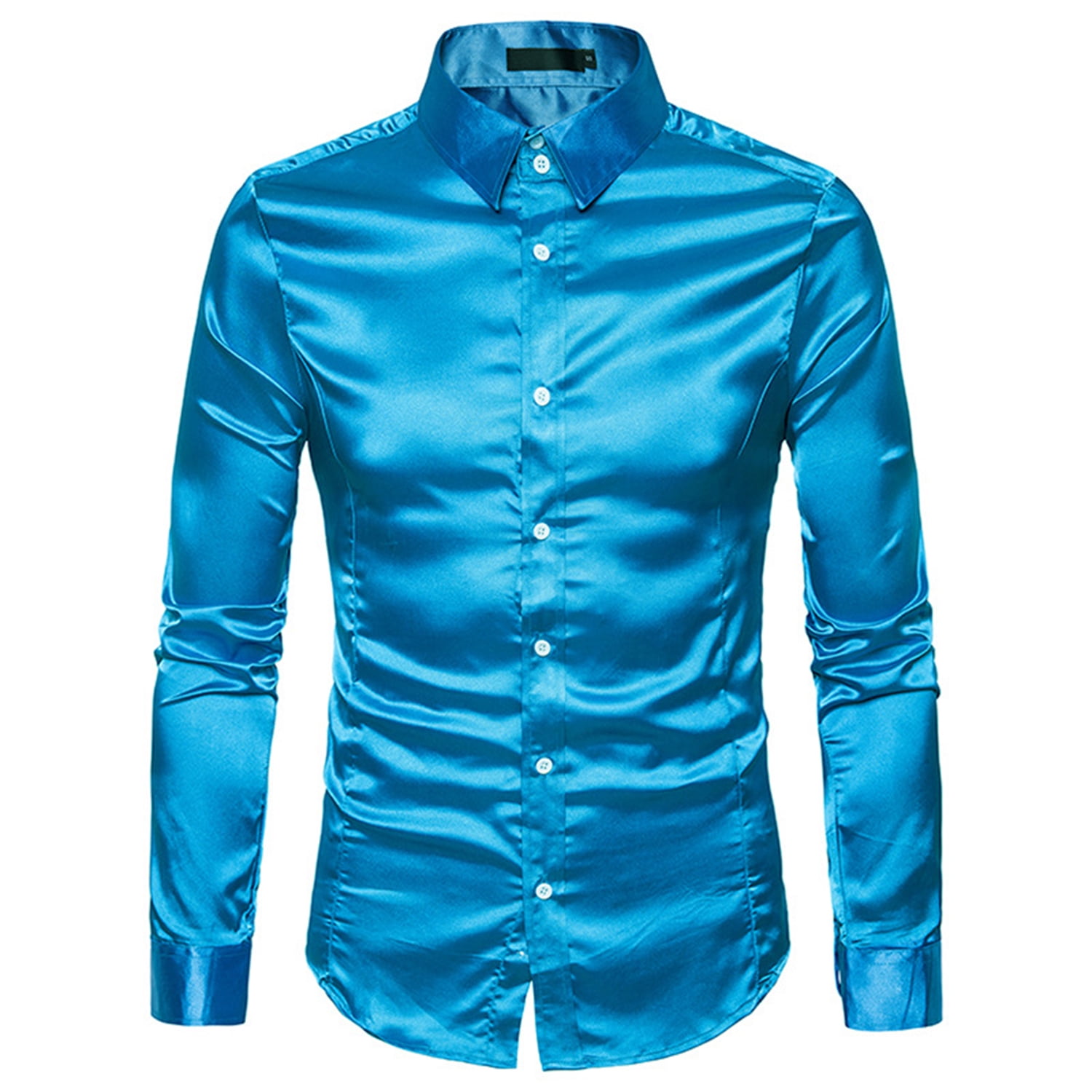 Lu s Chic Men s Silk Dress Shirt Satin Long Sleeve Collared Button Up Shirts Slim Fit Fancy Halloween Tuxedo Shirts Blue X Large Walmart