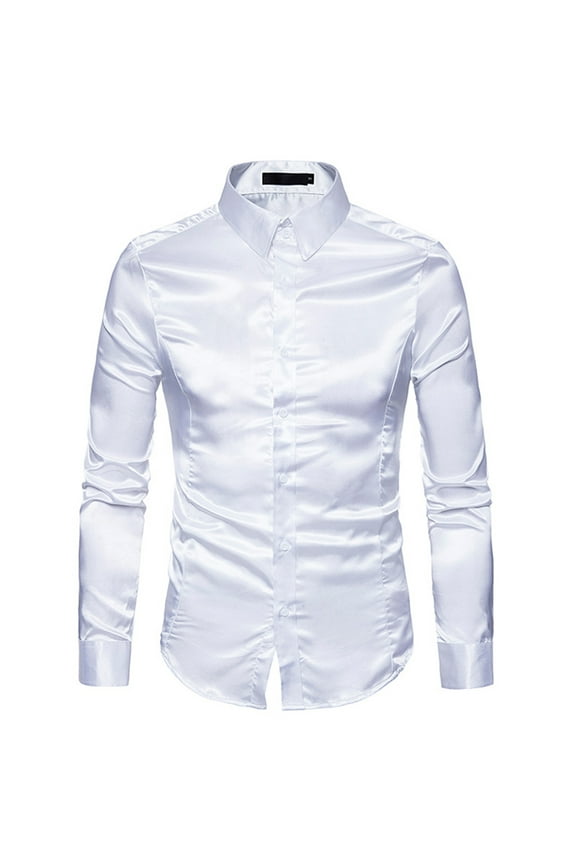 Lu's Chic Men's Silk Dress Shirt Satin Long Sleeve Collared Button Up Shirts Slim Fit Fancy Halloween Tuxedo Shirts White Small