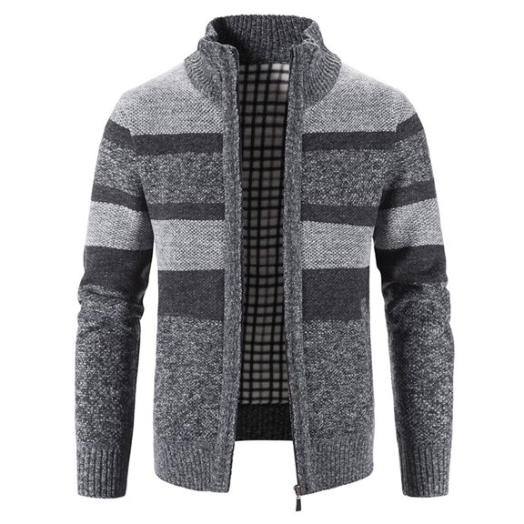 Lu's Chic Men's Slim Fit Cardigan Sweaters Soft Striped Thermal Winter Warm Thick Fleece Lined Knitted Full Zip Business Casual Cable Knit Long Sleeve Sweater with Pockets Color Block Dark Grey 36