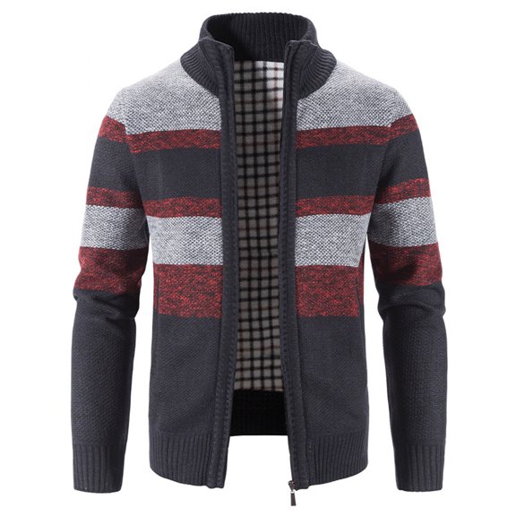 Lu's Chic Men's Slim Fit Cardigan Sweaters Soft Striped Thermal Winter Warm Thick Fleece Lined Knitted Full Zip Business Casual Cable Knit Long Sleeve Sweater with Pockets Color Block Navy 36