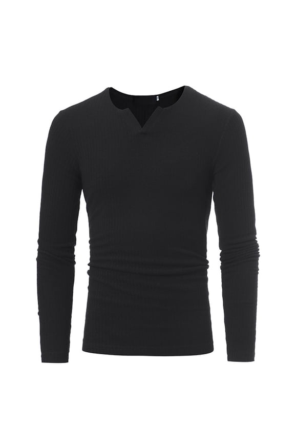 Men's V Neck Long Sleeve Shirts Soft Knitted Tops Comfy Casual T-shirt Solid Regular Fit Lightweight Rib Ribbed Black Large