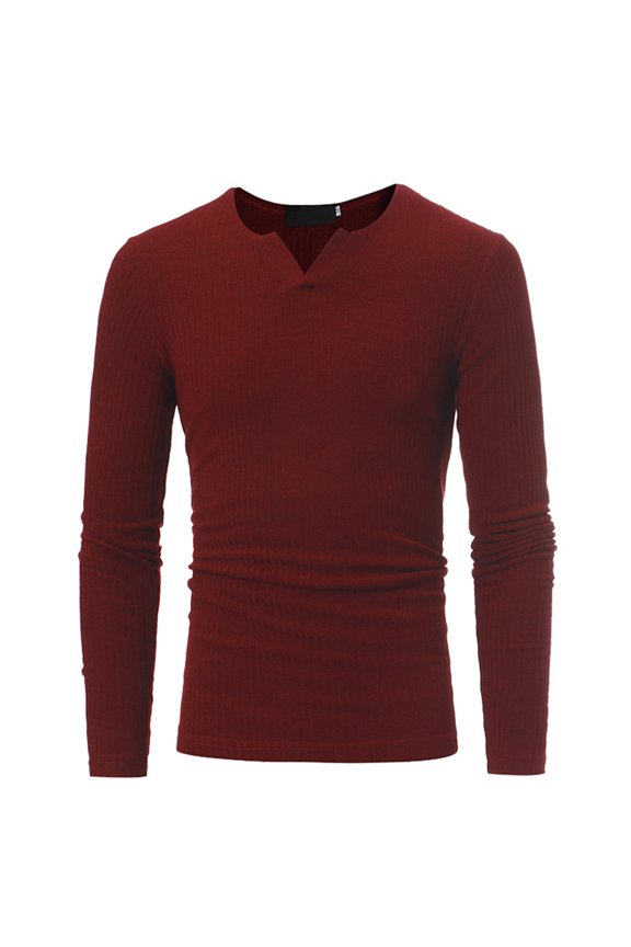 SWSMCLT Men's V Neck Long Sleeve Shirts T-shirt Solid Regular Fit Lightweight Rib Ribbed Soft Knitted Tops Comfy Casual Red Small