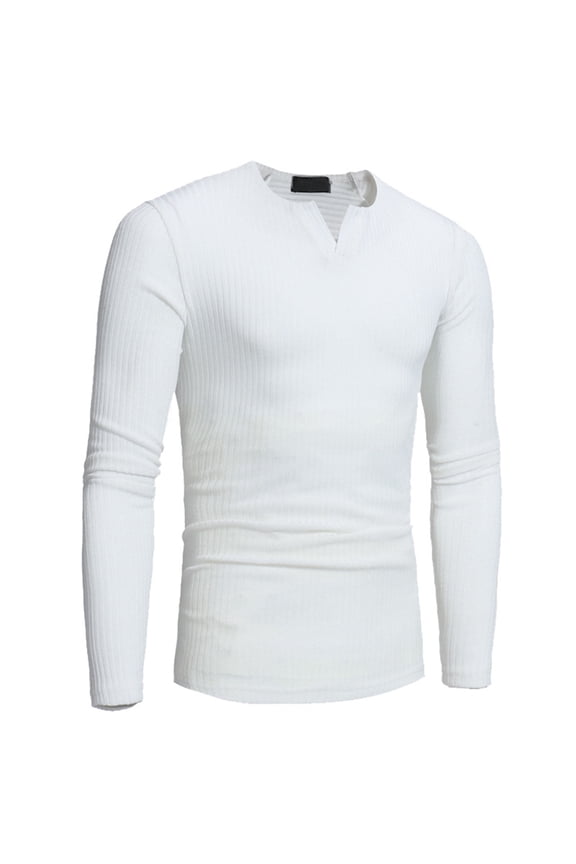 Men's V Neck Long Sleeve Shirts Soft Knitted Tops Comfy Casual T-shirt Solid Regular Fit Lightweight Rib Ribbed White Large