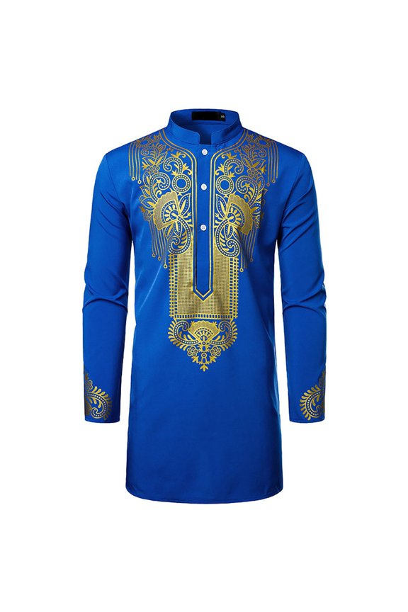 Lu's Chic Men's Vintage Shirt Long Shirt Long Sleeve Casual Summer Split Button Up Shirt Printed Blue Medium