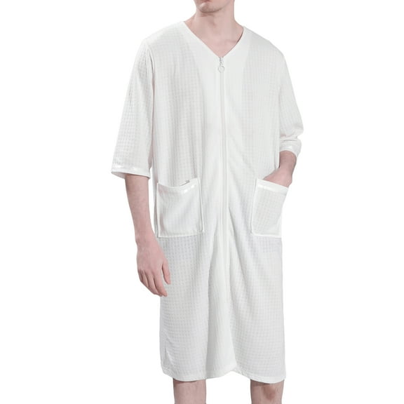 Lu's Chic Men's Waffle Robe Lightweight Bathrobe Zipper Housecoat Zip Front House Coat Casual Nightgown 3/4 Sleeve Lounge Side Split with Pockets White Large-X-Large