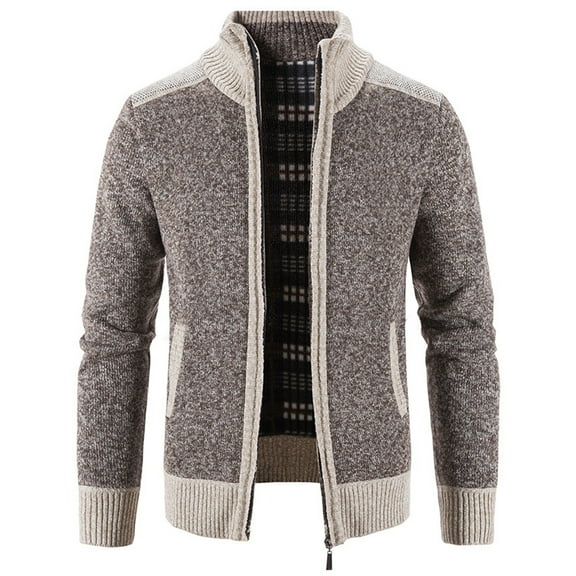 Lu's Chic Men's Zip Up Cardigan Sweater Full Zipper Long Sleeve Knit Slim Fit Knitwear Tops Pockets Coffee 42