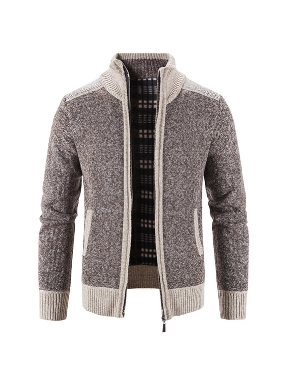 Lu's Chic Men's Zip Up Cardigan Sweater Full Zipper Long Sleeve Knit Slim Fit Knitwear Tops Pockets Coffee 44