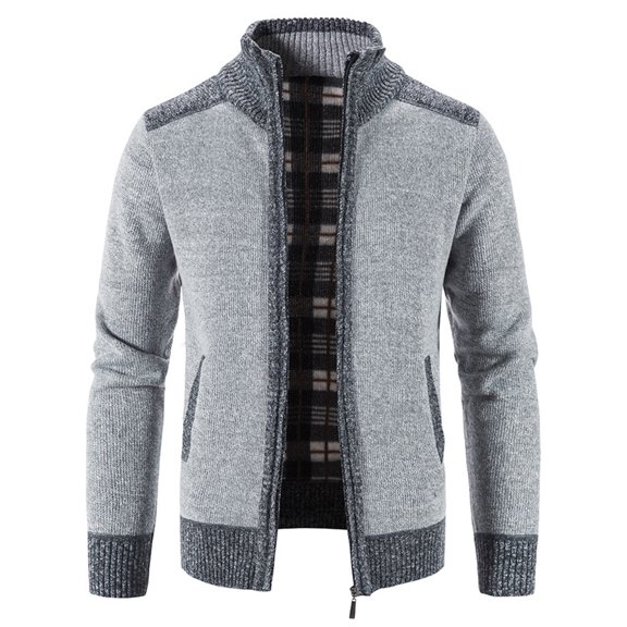 Lu's Chic Men's Zip Up Cardigan Sweater Full Zipper Long Sleeve Knit Slim Fit Knitwear Tops Pockets Grey 40