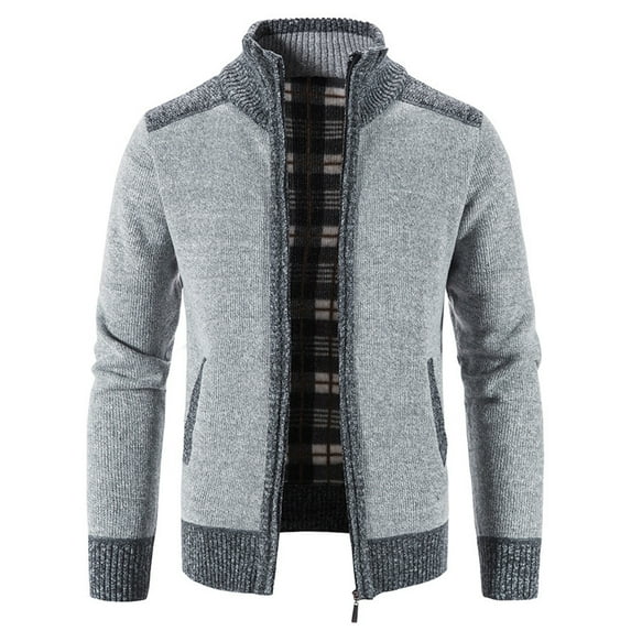 Lu's Chic Men's Zip Up Cardigan Sweater Full Zipper Long Sleeve Knit Slim Fit Knitwear Tops Pockets Grey 44