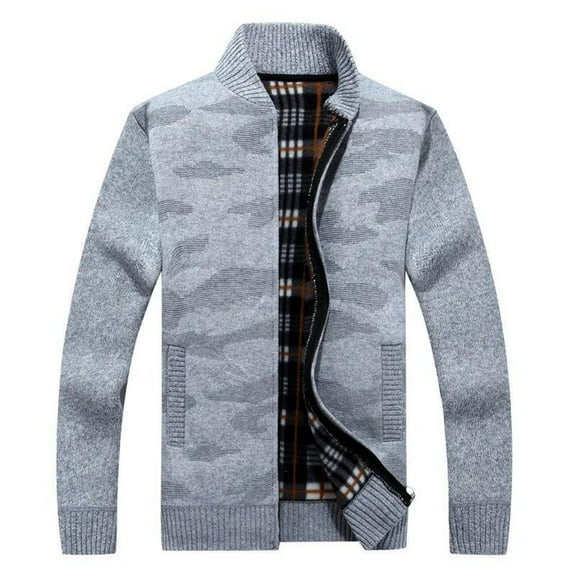 Lu's Chic Men's Zip Up Cardigan Sweater Full Zipper Long Sleeve Knitwear Knitted Tops Warm Winter Dark Grey 42