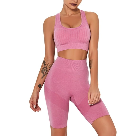 SWSMCLT Women's 2 Piece Outfits Crop Tank Tops Yoga Sporty 2Pcs Sexy Lounge Sets Activewear Athletic Workout Set High Waisted Biker Shorts Seamless Pink Medium