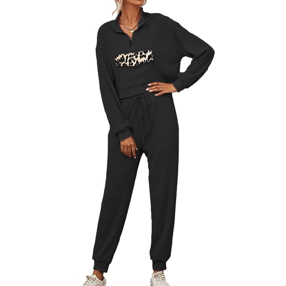 Lu's Chic Women's 2 Piece Outfits Long Sleeve Tracksuit Casual Jogging Suits Crop Top Lounge Set 1/4 Zip Up Sweatsuit Leopard Print Cotton Cinch Bottom Drawstring with Pockets Black Large