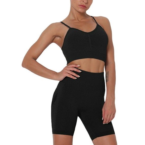 SWSMCLT Women's High Waisted Pleated Casual Seamless 2 Piece Outfits Tank Tops Biker Shorts Tracksuits Strappy Workout Set Activewear Gym Slim Fit Sweatsuits Boyshorts Black Medium