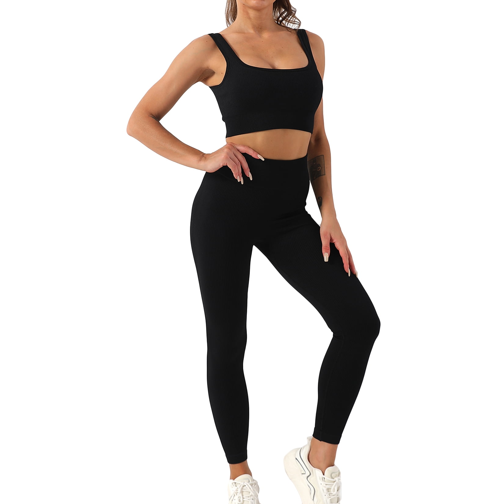 JZC Workout Outfits for Women Ribbed 2 Piece Seamless Sexy Tops V Waist Yoga  Leggings Sets Black Small at  Women's Clothing store