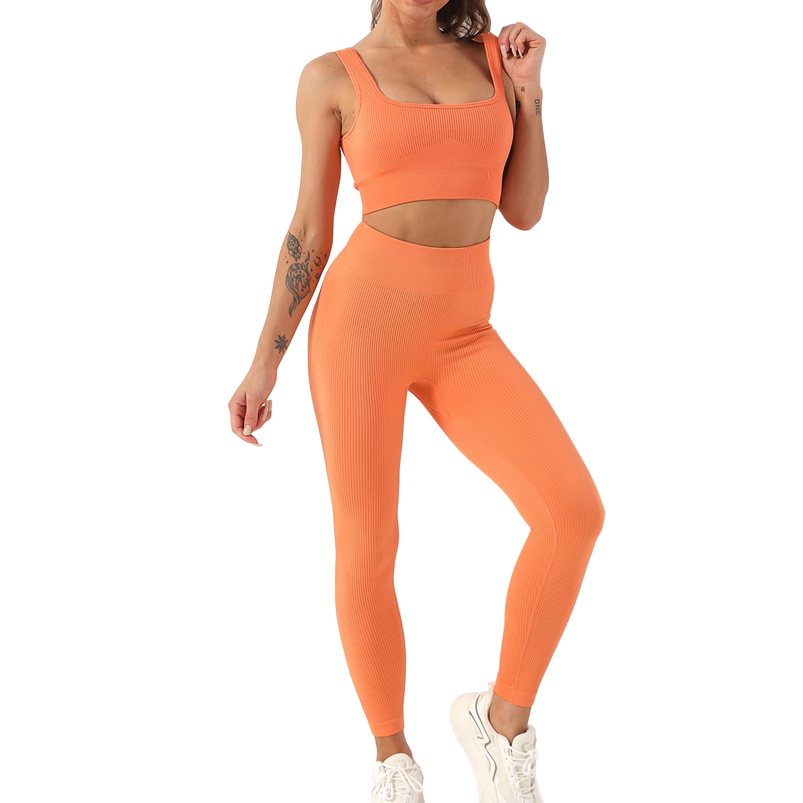 Azura Exchange Orange Two-Tone Colorblock Bra Leggings Active Wear Set