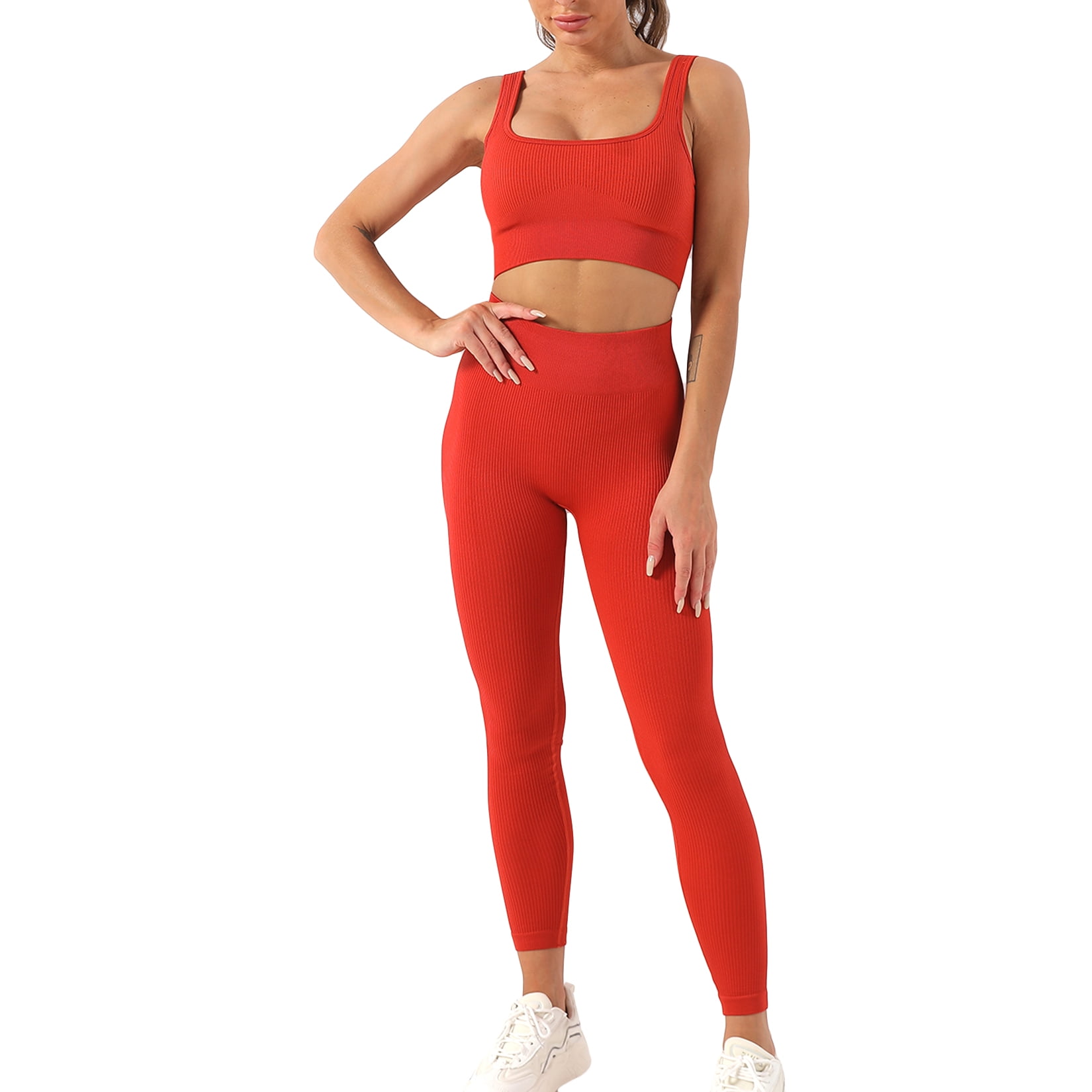 Lu's Chic Women's 2 Piece Workout Set Outfits Crop Tank Top High Waisted  Yoga Leggings Activewear Athletic Workout Sporty 2Pcs Sexy Lounge Sets Red  Medium 