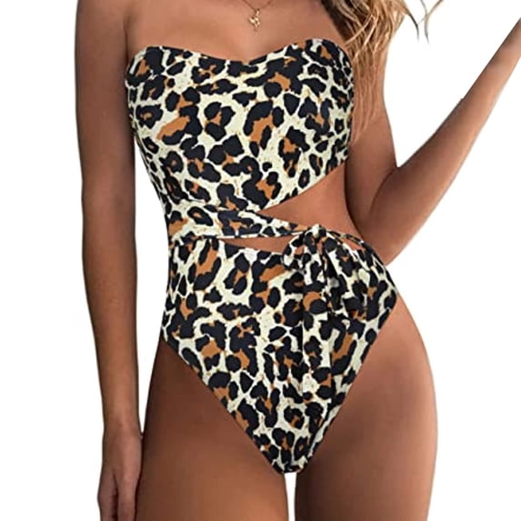 SWSMCLT Women's Bandeau One Piece Bathing Suit Beach Swimsuit Cheeky Bow Bath Suit Adjustable Holiday Bathing Suit Leopard Large