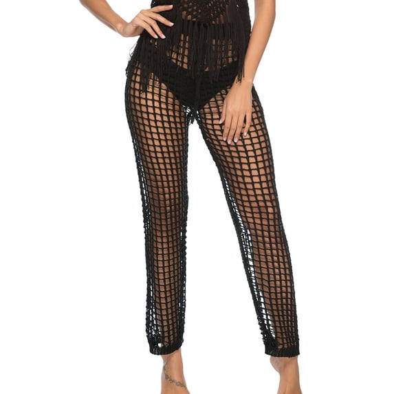 Lu's Chic Women's Beach Cover Up Pants Crochet Stretch Drawstring Straight Leg Knit Summer Swimsuit Pant Black Large