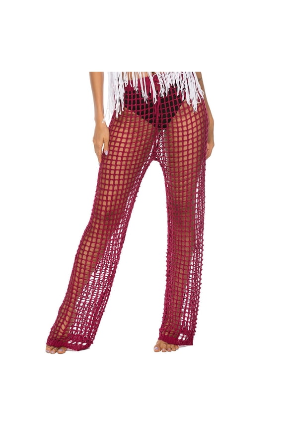 Lu's Chic Women's Beach Cover Up Pants Crochet Stretch Drawstring Straight Leg Knit Summer Swimsuit Pant Burgundy Medium