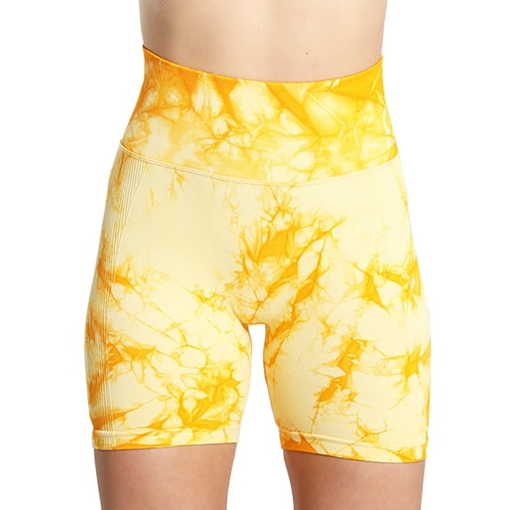 SWSMCLT Women's Biker Yoga Shorts Summer High Waist Booty Short Leggings Pants Tie Dye Pastel Tummy Control Running Gym Workout Athletic Shorts Butt Lifting Ruched Yellow Medium