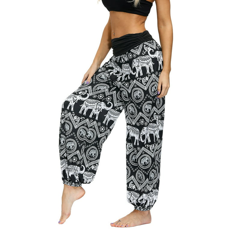 Lu's Chic Women's Boho Hippie Pants Harem Yoga Pant Indian Bohemian Summer  Beach Cinch Bottom High Waisted Printed Print Dance Style4 10-12