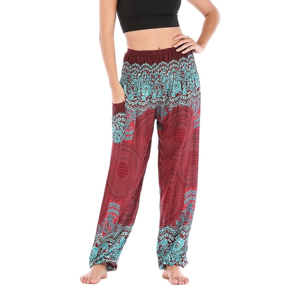 Lu's Chic Women's Boho Pants Harem Smocked Waist Yoga Hippie Palazzo Beach Pants Red One Size