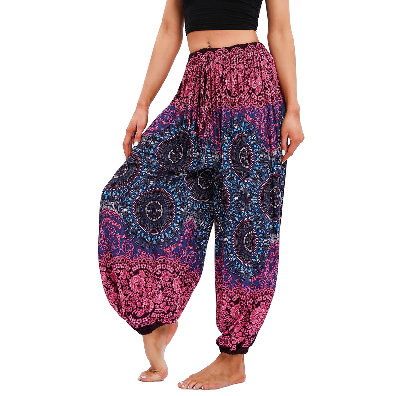 Lu's Chic Women's Boho Pants Harem Yoga Hippie Drawstring Elastic Waist  Aladdin Indian Thai Bohemian Cinch Bottom Beach Baggy Trousers Print  Bloomer Patterned2 One Size 