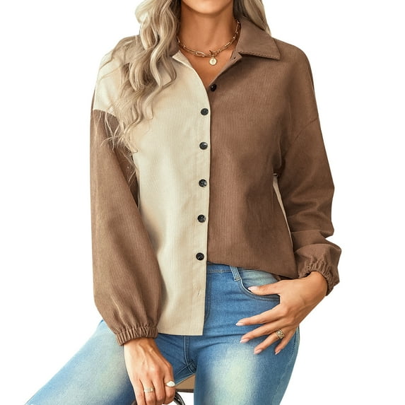 Lu's Chic Women's Button Up Shirt Long Sleeve House V Neck Slouchy Button Down Shirt Khaki Small