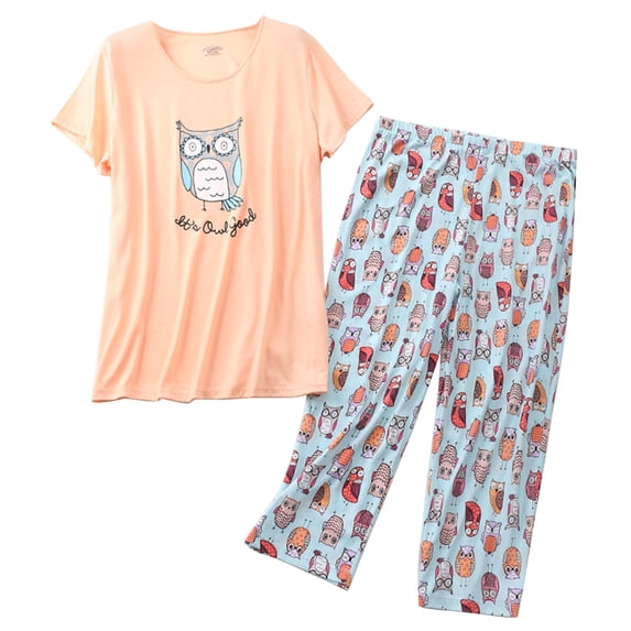 Lu's Chic Women's Capri Pajama Set Cotton Sleepwear Short Sleeve Pjs Soft Comfy Pants Two Piece Loungewear Lightweight Owl Small