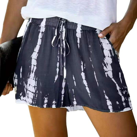 Defitshape Women's Casual Shorts Comfy Soft Elastic Waist Print Waistband Pocketed Beach Drawstring Summer with Pockets Lounge Tie Dye Cotton Black Large