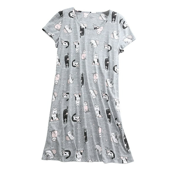Defitshape Women's Cotton Nightgowns & Sleepshirts Patterned Night Dress Sleepwear Summer Soft Sleep Shirt Short Sleeve Pajama Dress Cute Cartoon Grey Cat Medium