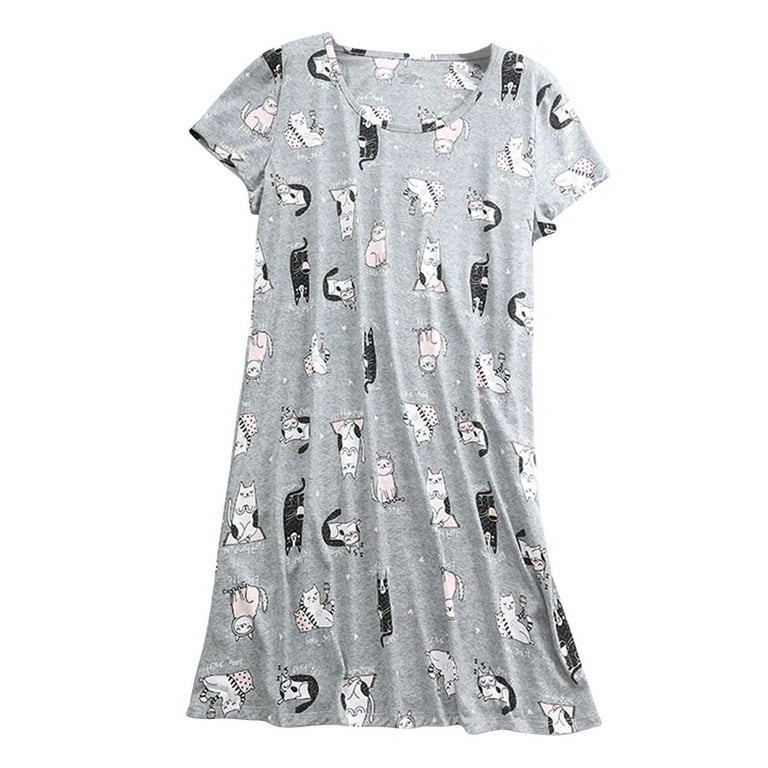 Lu's Chic Women's Cotton Nightgowns & Sleepshirts Summer Soft Sleep Shirt  Short Sleeve Pajama Dress Cute Cartoon Patterned Night Dress Sleepwear Grey