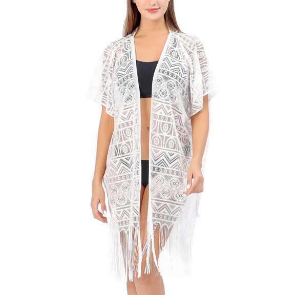 Lu's Chic Women's Crochet Bikini Cover Up Beach Beachwear Light Sexy Spring Short Sleeve Sheer Lace Cover Up White One Size