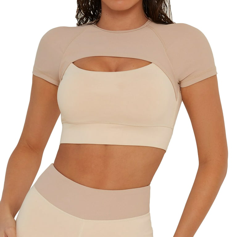 Lu's Chic Women's Crop Tops with Built-in Bra Short Sleeve Workout