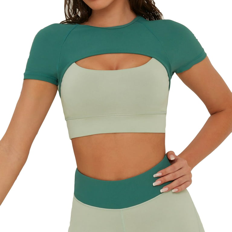 Lu's Chic Women's Crop Tops with Built-in Bra Short Sleeve Workout Shirt  Sports Fitness Active Yoga Athletic Crew Neck Padded Hollow Out Tight Tee  Gym
