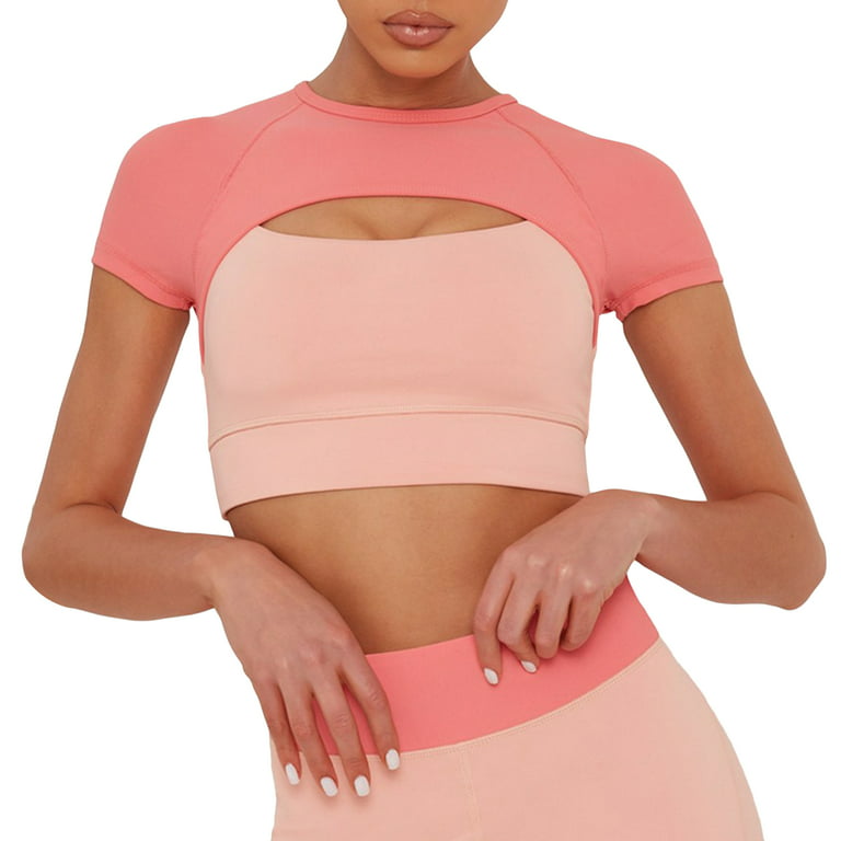 Lu's Chic Women's Crop Tops with Built-in Bra Short Sleeve Workout Shirt  Sports Fitness Active Yoga Athletic Crew Neck Padded Hollow Out Tight Tee  Gym Pink Medium 