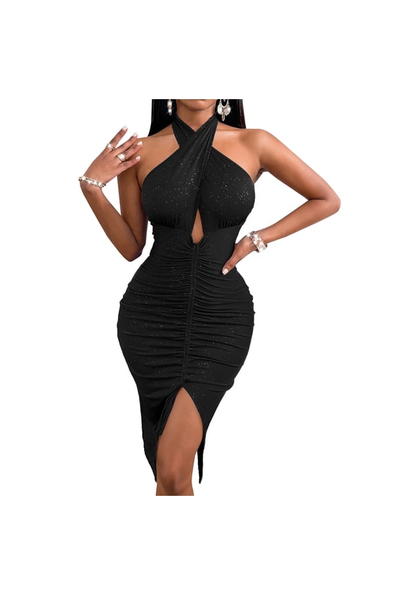 Women's Cut Out Bodycon Dress Glitter Rhinestone Wrap Keyhole Ruched Halter Backless Midi Club Dresses High Slit Clubwear Night Out Outfit Party Midi Dresses Black Large