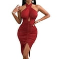 thumbnail image 1 of Lu's Chic Women's Cut Out Bodycon Dress Glitter Rhinestone Wrap Keyhole Ruched Halter Backless Midi Club Dresses High Slit Clubwear Night Out Outfit Party Midi Dresses Red Burgundy Medium, 1 of 3