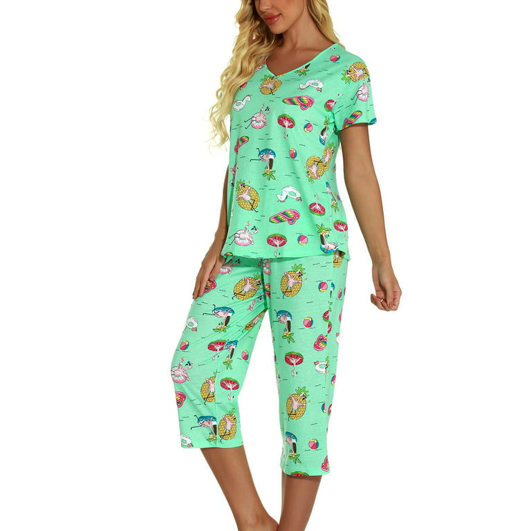 Lu's Chic Women's Cute Pajama Set Cotton Capri Loungewear Soft Short Sleeve  Pjs Comfy Pants Lounge Two Piece Patterned Print Sleepwear Green Medium 