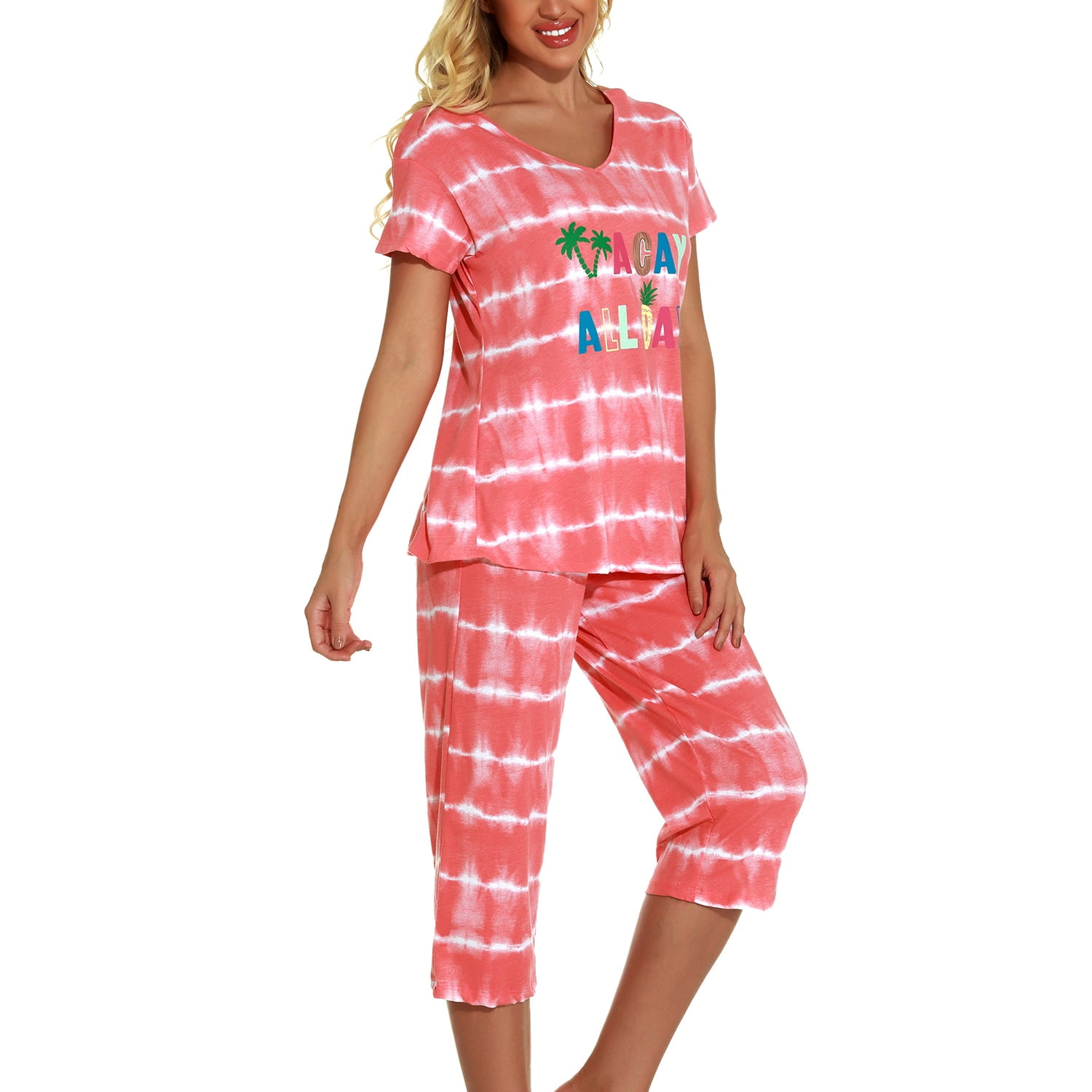Lu's Chic Women's Cute Pajama Set Cotton Capri Loungewear Soft Short Sleeve  Pjs Comfy Pants Lounge Two Piece Patterned Print Sleepwear Pink Small 