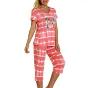 Lu's Chic Women's Cute Pajama Set Cotton Capri Loungewear Soft Short Sleeve Pjs Comfy Pants Lounge Two Piece Patterned Print Sleepwear Orange Small