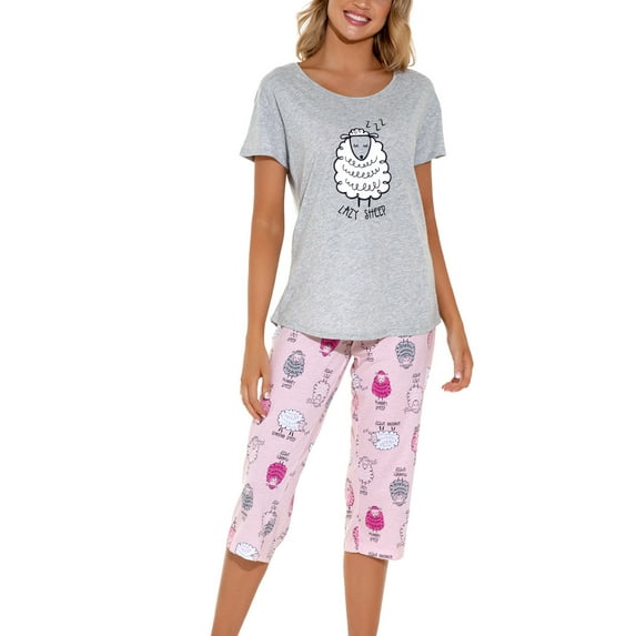 Lu s Chic Women s Cute Pajama Set Cotton Capri Loungewear Soft Short Sleeve Pjs Comfy Pants Lounge Two Piece Patterned Print Sleepwear Pink Medium