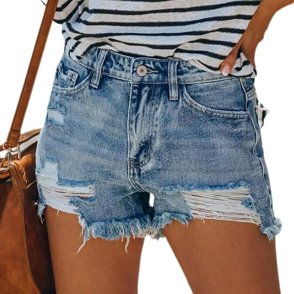 Lu's Chic Women's Distressed Jeans Short Denim Rip Shorts Mid Rise Straight Leg Soft Pull On Cool Casual Shorts Light Grey Medium