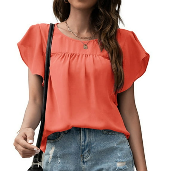 Defitshape Women's Flutter Short Sleeve Shirt Crewneck Tunic Tops Summer Casual Chiffon Ruffle Blouses Pink 8-10