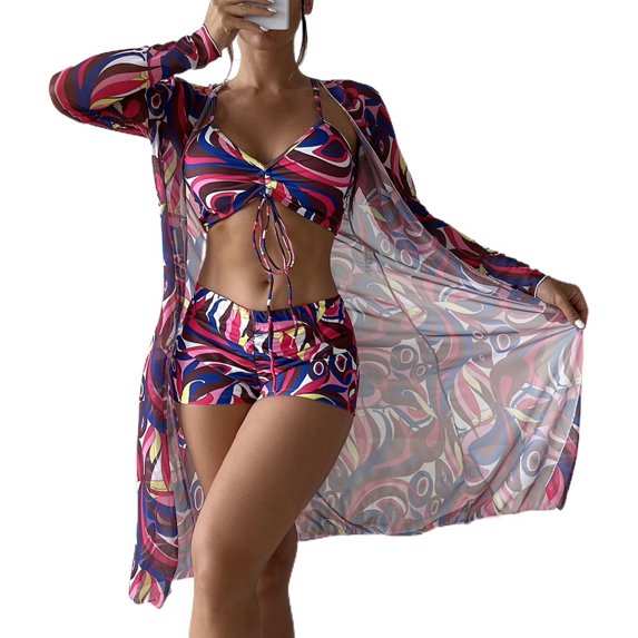 Lu's Chic Women's Full Coverage 3 Piece Bikini Sexy Bathing Suit Beach Open Front Cover Up Printed Summer Soft Boyleg Swimsuit Coffee 4-6